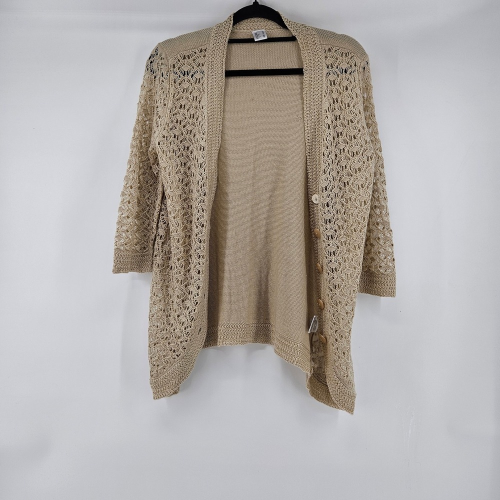 Boho Tan Open Knit Crochet Cardigan Sweater Size‎ 10 Coastal Minimalist Office